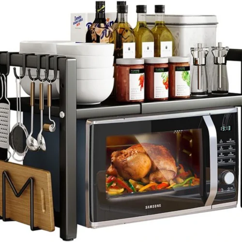 P-87213237852150-20260406095921.webp Unyqoos® Verstelbaar Dubbel Laags Keukenrek voor Magnetron met Haken, Uittrekbaar tot 64 cm, Zwart