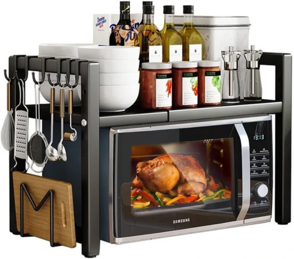 Unyqoos® Verstelbaar Dubbel Laags Keukenrek voor Magnetron met Haken, Uittrekbaar tot 64 cm, Zwart