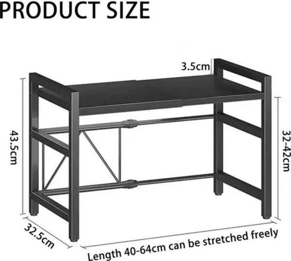 Unyqoos® Verstelbaar Dubbel Laags Keukenrek voor Magnetron met Haken, Uittrekbaar tot 64 cm, Zwart