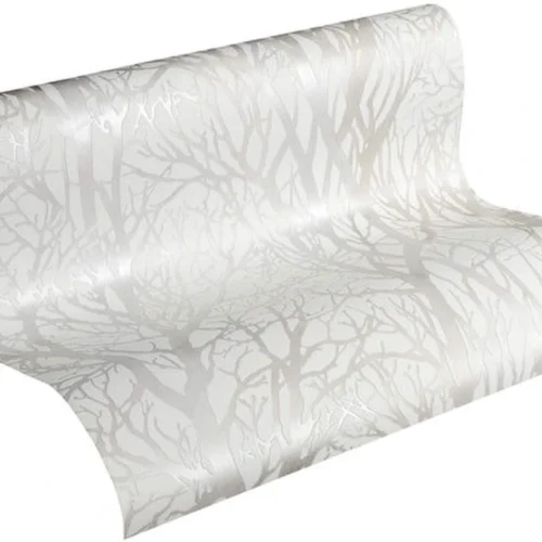 P-87213237940950-20260405113744.webp Unyqoos® Modern vliesbehang met bosmotief in wit en zilver voor een frisse uitstraling