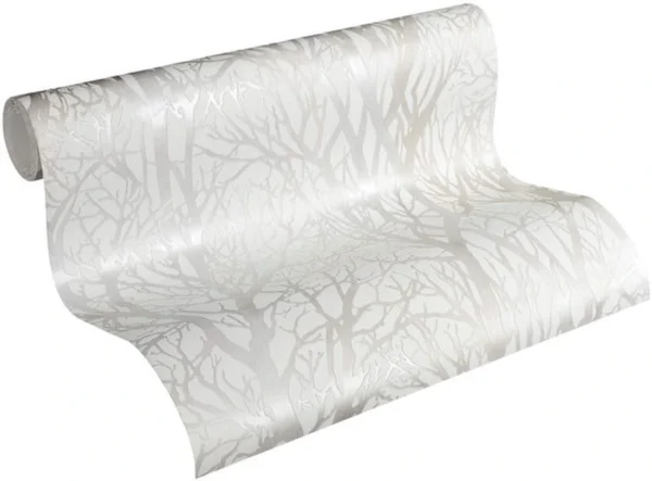 Unyqoos® Modern vliesbehang met bosmotief in wit en zilver voor een frisse uitstraling