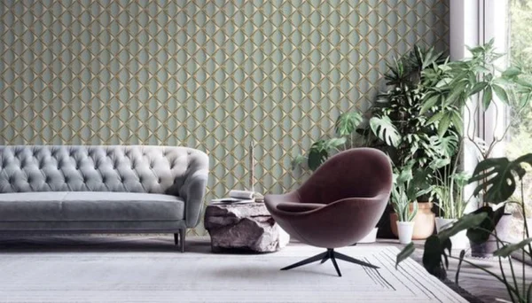 P-87213238018922-20260405113459.webp Unyqoos® Modern 3D Eucalyptus Vliesbehang in Goud en Blauw voor Interieurdecoratie