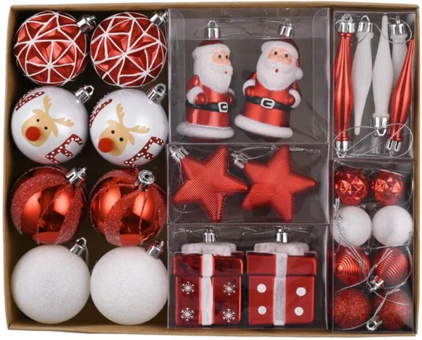 Unyqoos® Traditionele kunststof kerstballenset in rood-wit thema met ophanghaakjes