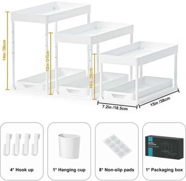 P-87213238051111-20260406094918.webp Unyqoos® Twee-Lagen Verstelbare Onderkast Organizer met Haken en Hangbeker voor Badkamer en Keuken