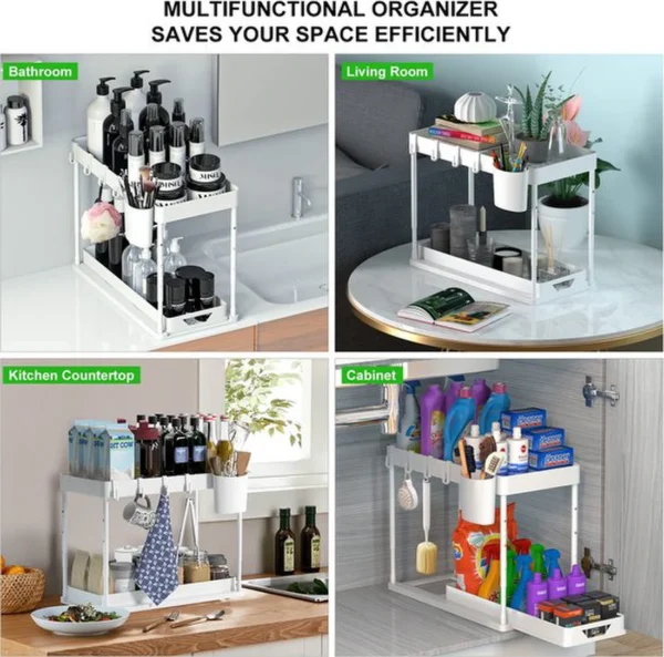 P-87213238051115-20260406094934.webp Unyqoos® Twee-Lagen Verstelbare Onderkast Organizer met Haken en Hangbeker voor Badkamer en Keuken