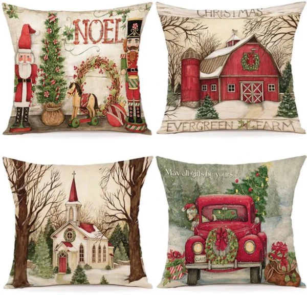 Unyqoos® Set van 4 linnen kussenslopen voor sfeervolle kerstdecoratie in huis
