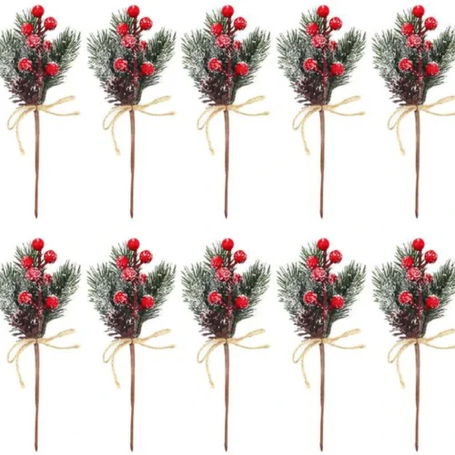 Unyqoos® Set van 10 kunstmatige dennen takken met rode bessen en dennenappels voor kerstdecoratie