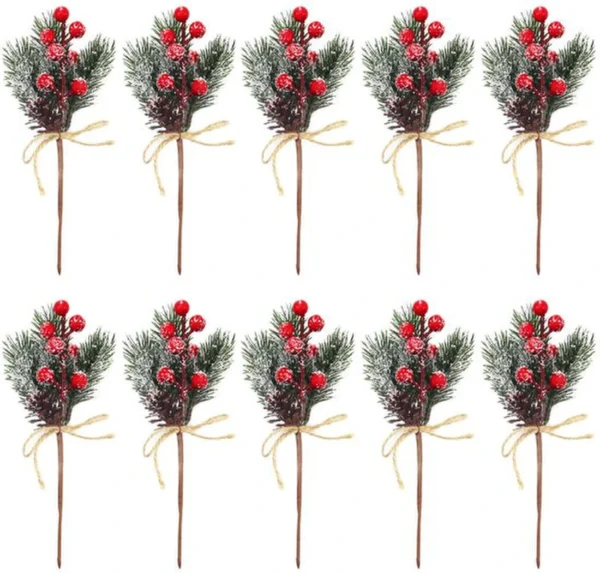 Unyqoos® Set van 10 kunstmatige dennen takken met rode bessen en dennenappels voor kerstdecoratie