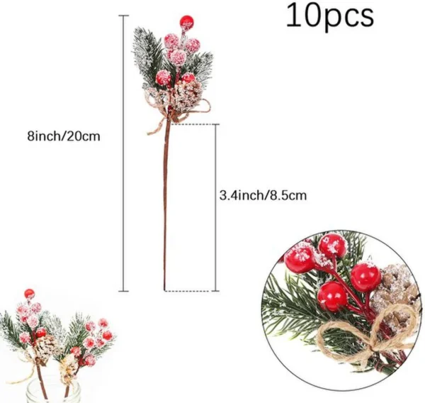 Unyqoos® Set van 10 kunstmatige dennen takken met rode bessen en dennenappels voor kerstdecoratie