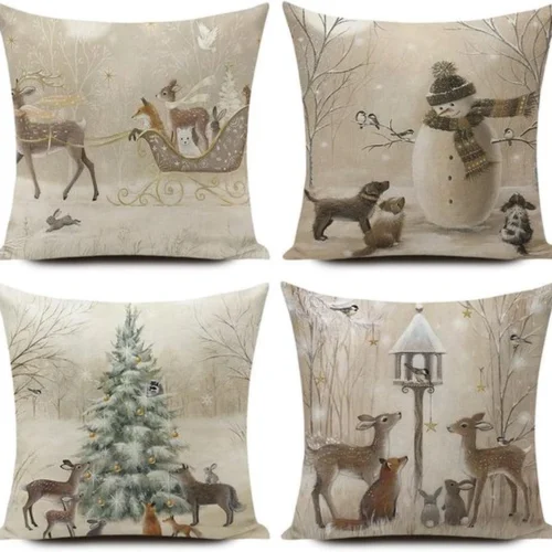 P-87213238347530-20260406113358.webp Unyqoos® Set van 4 Kerstkussenhoezen met Sneeuwpop Motief voor Winterse Sfeer