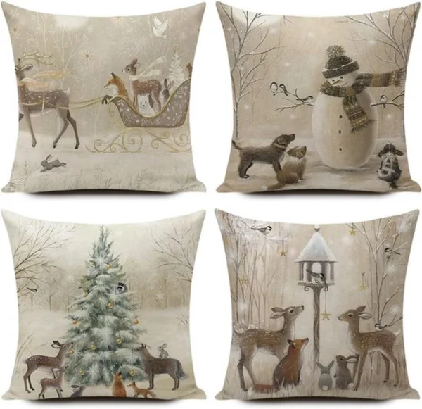 Unyqoos® Set van 4 Kerstkussenhoezen met Sneeuwpop Motief voor Winterse Sfeer
