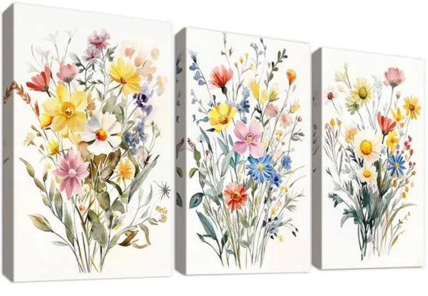 Unyqoos® Set van 3 canvas schilderijen met wilde bloemen voor stijlvolle wanddecoratie
