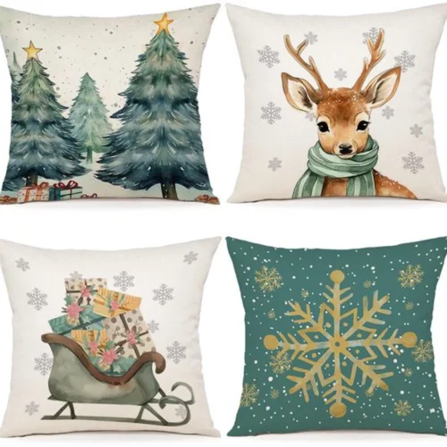 P-87213238528700-20260406113831.webp Unyqoos® Set van 4 decoratieve linnen kussenhoezen voor kerst in 40 x 40 cm formaat