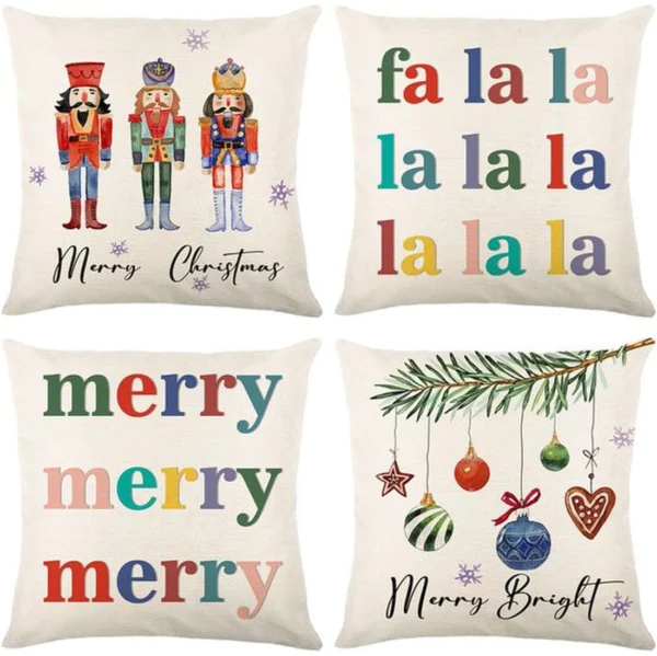 Unyqoos® Set van 4 decoratieve kerstkussenhoezen met feestelijke designs
