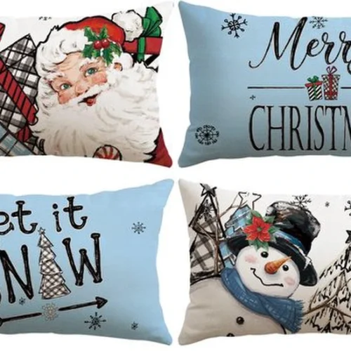 Unyqoos® Set van Vier Kerst Kussenhoezen met Sneeuwpop en Kerstman Design voor Thuisdecoratie