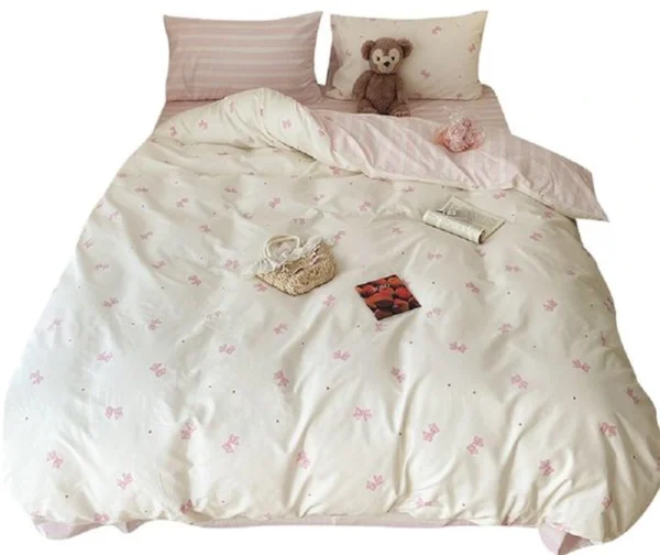 P-87213238685365-20260405103930.webp Unyqoos® Roze en wit gestreept beddengoed voor meisjes met strikken en ritssluiting