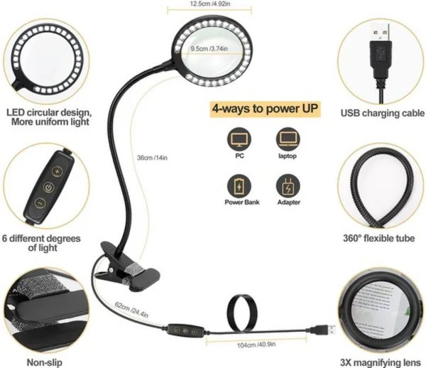 Unyqoos® Flexibele lees- en vergrootlamp met dimbare LED-verlichting en klem