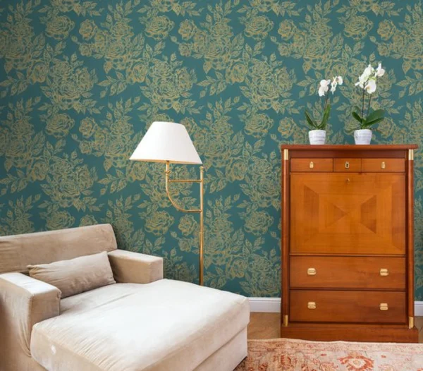 P-87213238906363-20260405114318.webp Unyqoos® Waterdicht zelfklevend bloemenbehang in goud en blauw voor diverse oppervlakken