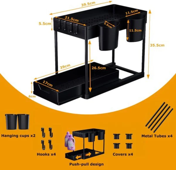 Unyqoos® Uitschuifbare Dubbeldeks Keuken- en Badkamerorganizer met Haken en Bekers voor Onder de Wastafel