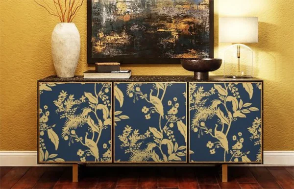 Unyqoos® Donkerblauw en Goud Zelfklevend Behang met Vogel- en Bloemenpatroon 44 cm x 3 m