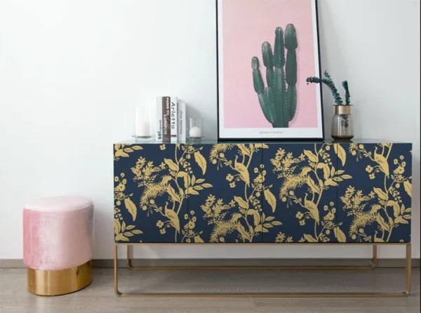 Unyqoos® Donkerblauw en Goud Zelfklevend Behang met Vogel- en Bloemenpatroon 44 cm x 3 m