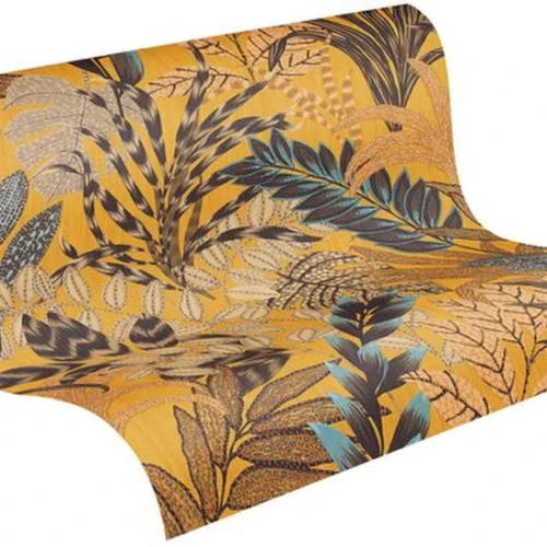 P-87213239309050-20260405114028.webp Unyqoos® Modern vliesbehang met elegant bloemenpatroon en bladmotief in warme tinten, geel-bruin-blauw