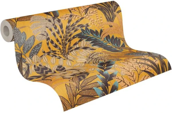 P-87213239309050-20260405114028.webp Unyqoos® Modern vliesbehang met elegant bloemenpatroon en bladmotief in warme tinten, geel-bruin-blauw