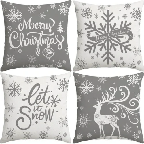 Unyqoos® Set van 4 decoratieve kerstkussenhoezen met sneeuwvlokken en elandmotief