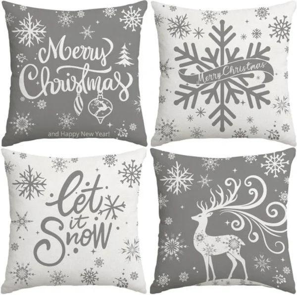 Unyqoos® Set van 4 decoratieve kerstkussenhoezen met sneeuwvlokken en elandmotief