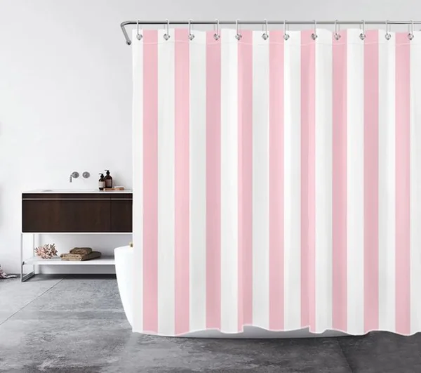 P-87213239329471-20260403114233.webp Unyqoos® Waterdicht roze-wit gestreept douchegordijn met haken voor badkamer