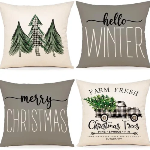 P-87213239390070-20260406112936.webp Unyqoos® Set van 4 decoratieve kerstkussenslopen met dennenmotief voor huisdecoratie