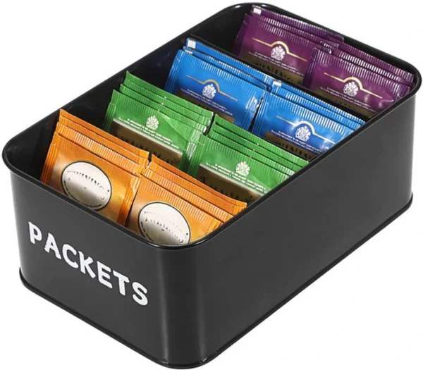 P-87213239475836-20260406102629.webp Unyqoos® Zwarte metalen kruiden- en theezakjes organizer met vier vakken voor keukenopslag