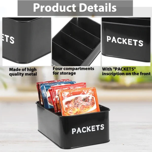 P-87213239475838-20260406102635.webp Unyqoos® Zwarte metalen kruiden- en theezakjes organizer met vier vakken voor keukenopslag