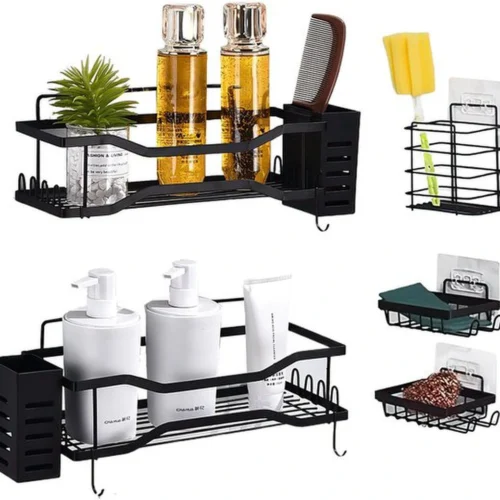 P-87213239558540-20260405174352.webp Unyqoos® Praktische 5-delige Doucherek Organizer zonder Boren met RVS Hoekrek en 4 Haken