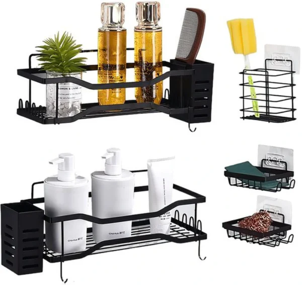 P-87213239558540-20260405174352.webp Unyqoos® Praktische 5-delige Doucherek Organizer zonder Boren met RVS Hoekrek en 4 Haken