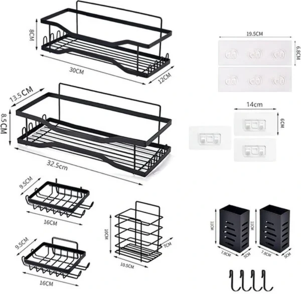 P-87213239558541-20260405174356.webp Unyqoos® Praktische 5-delige Doucherek Organizer zonder Boren met RVS Hoekrek en 4 Haken