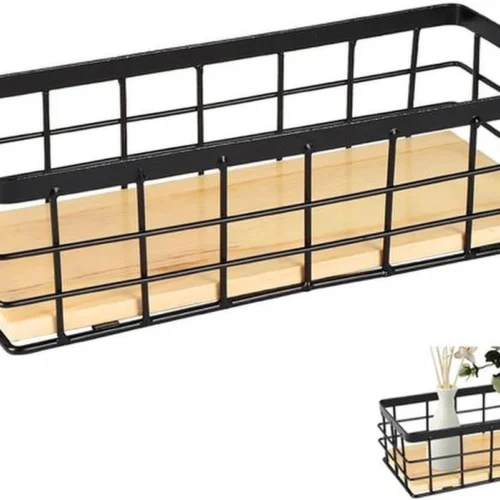 Unyqoos® Stijlvolle metalen wandkorf met houten basis voor veelzijdige opslag