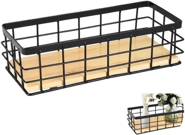 P-87213239596470-20260406082741.webp Unyqoos® Stijlvolle metalen wandkorf met houten basis voor veelzijdige opslag
