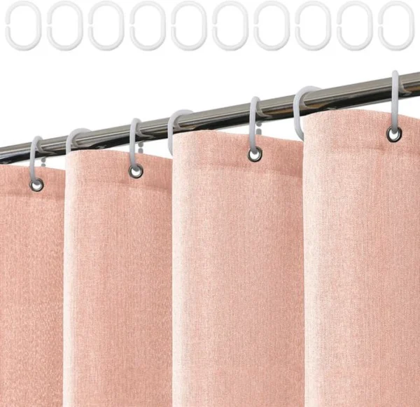 P-87213239615342-20260403114424.webp Unyqoos® Roze waterdichte textiele douchegordijn met linnenlook en ringen