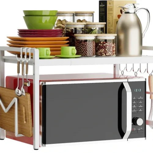 P-87213239679180-20260406100421.webp Unyqoos® Uittrekbaar Keukenrek voor Magnetron met Verstelbare Hoogte en Extra Haken voor Opberggemak