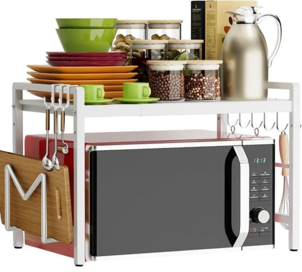 Unyqoos® Uittrekbaar Keukenrek voor Magnetron met Verstelbare Hoogte en Extra Haken voor Opberggemak