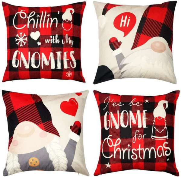 P-87213239759750-20260406112514.webp Unyqoos® Set van 4 Kerstkussenslopen met Scandinavische Kabouter- en Ruitpatronen