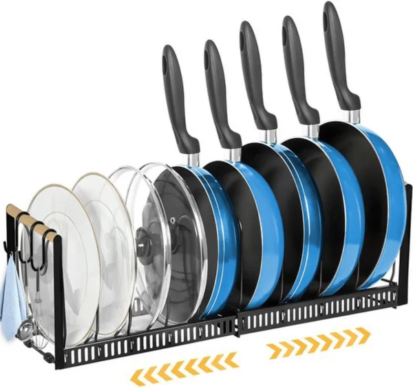 Unyqoos® Pannenhouder met Verstelbare Verdelers en Uittrekbare Steunbeugels voor Optimale Keukenorganisatie