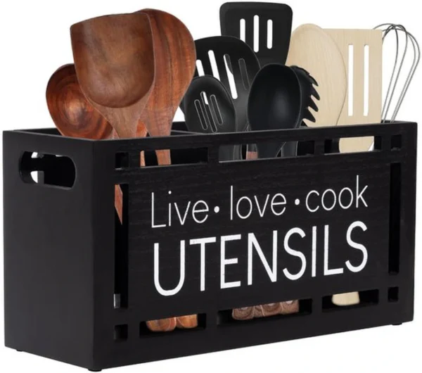 Unyqoos® Stijlvolle Keukengereedschapsorganizer van Hout met 3 Compartimenten en Antislip Pads