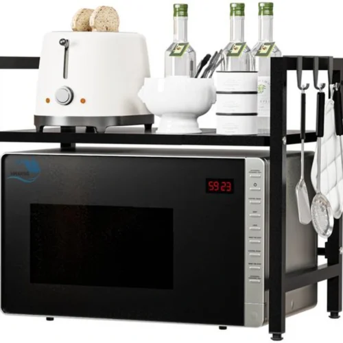 Unyqoos® Verstelbaar en Uitbreidbaar Keukenrek voor Magnetron met Haken, Zwart, Hoogte en Lengte Instelbaar