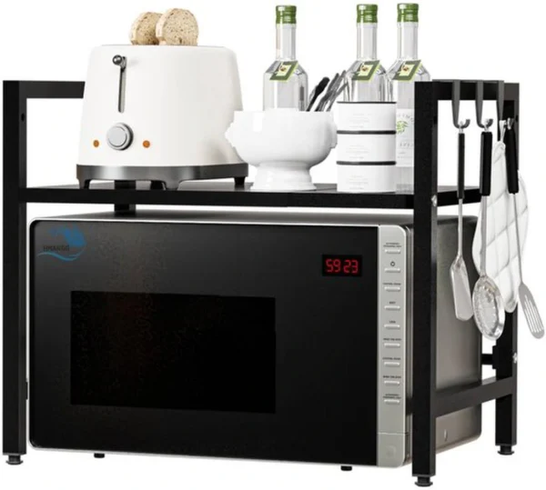 Unyqoos® Verstelbaar en Uitbreidbaar Keukenrek voor Magnetron met Haken, Zwart, Hoogte en Lengte Instelbaar