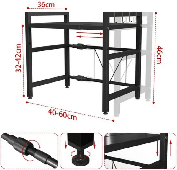 Unyqoos® Verstelbaar en Uitbreidbaar Keukenrek voor Magnetron met Haken, Zwart, Hoogte en Lengte Instelbaar