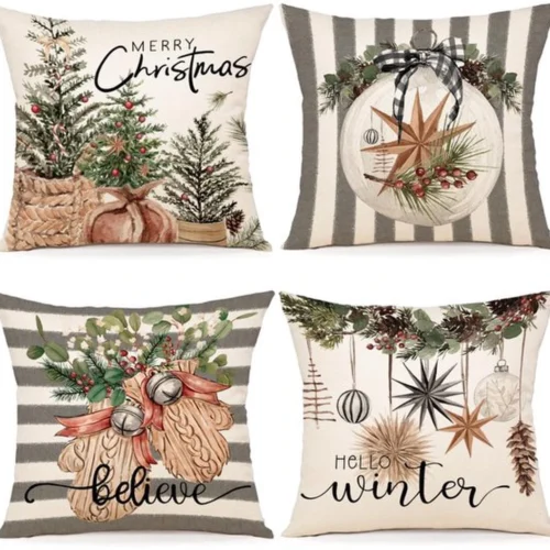 Unyqoos® Set van 4 linnen kussenslopen voor feestelijke kerstdecoratie in huis
