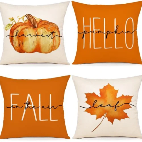 Unyqoos® Set van 4 herfst kussenhoezen met esdoornbladeren en pompoenmotief