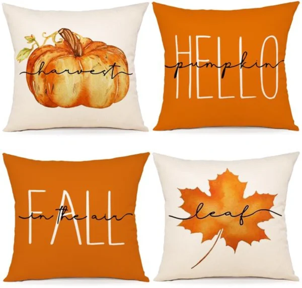 Unyqoos® Set van 4 herfst kussenhoezen met esdoornbladeren en pompoenmotief